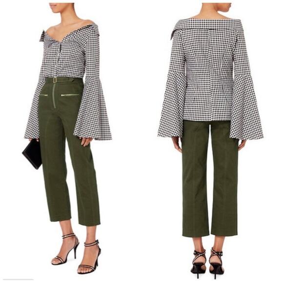 Caroline Constas Women's Black Persephone Gingham Striped Bell Sleeve OTS Top - Picture 1 of 6